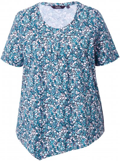 Ulla Popken Floral Pointed Hem Short Sleeve Tee Deep Aqua - Tryckta T-shirts för dam i stora storlekar - 