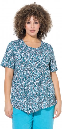 Ulla Popken Floral Pointed Hem Short Sleeve Tee Deep Aqua - Tryckta T-shirts för dam i stora storlekar - 