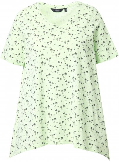 Ulla Popken Palm Tree Print Pointed Hem Tee Lett Lime - Tryckta T-shirts för dam i stora storlekar - 