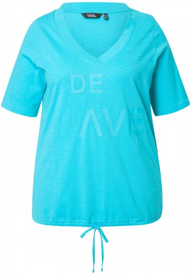 Ulla Popken Ride The Wave Short Sleeve V-Neck Graphic Tee Deep Aqua - Tryckta T-shirts för dam i stora storlekar - 