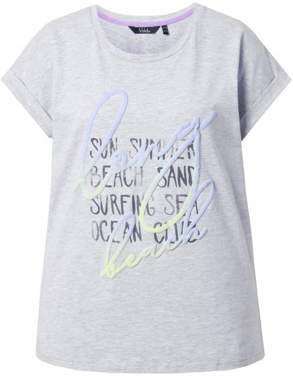 Ulla Popken Long Beach Lettering Cap Sleeve Tee Light Grey Melange - Tryckta T-shirts för dam i stora storlekar - 