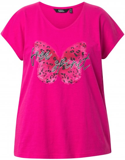 Ulla Popken Free Spirit Butterfly Cap Sleeve Graphic Tee Magenta Pink - Tryckta T-shirts för dam i stora storlekar - 