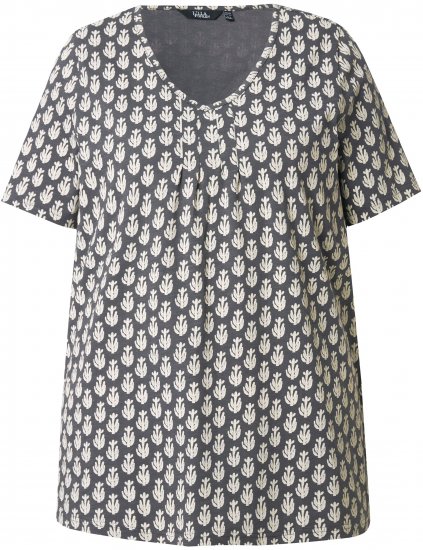 Ulla Popken Cactus Print Short Sleeve V-Neck Tee Graphite Grey - Tryckta T-shirts för dam i stora storlekar - 
