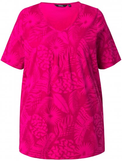 Ulla Popken Feather Print Short Sleeve V-Neck Tee Berry - Tryckta T-shirts för dam i stora storlekar - 