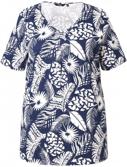 Ulla Popken Feather Print Short Sleeve V-Neck Tee Ink Blue - Tryckta T-shirts för dam i stora storlekar - 