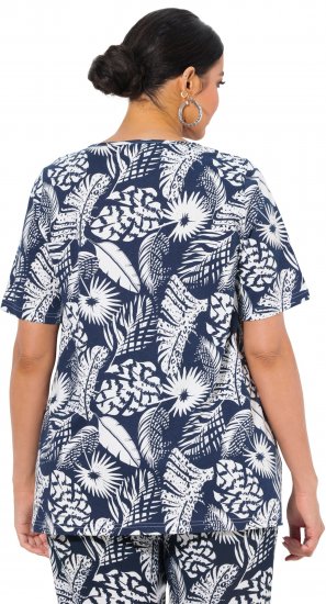 Ulla Popken Feather Print Short Sleeve V-Neck Tee Ink Blue - Tryckta T-shirts för dam i stora storlekar - 