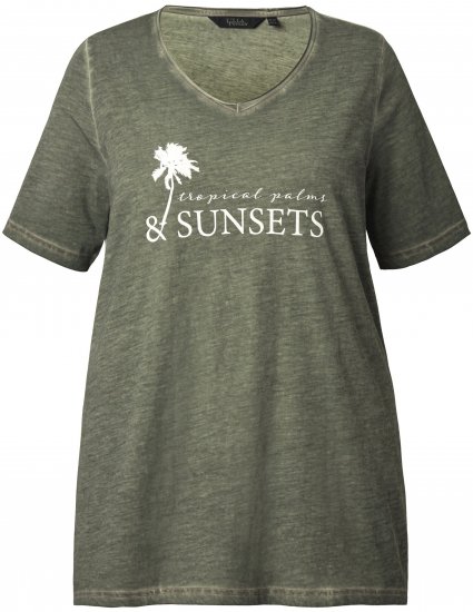 Ulla Popken Sunset Lettering Short Sleeve Graphic Tee Olive - Tryckta T-shirts för dam i stora storlekar - 
