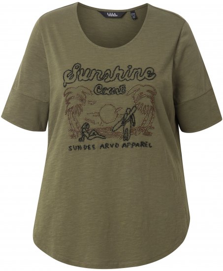 Ulla Popken Beaded Short Sleeve Graphic Tee Olive - Tryckta T-shirts för dam i stora storlekar - 