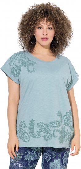Ulla Popken Textured Paisley Motif Cap Sleeve Tee Light Moss Green - Tryckta T-shirts för dam i stora storlekar - 