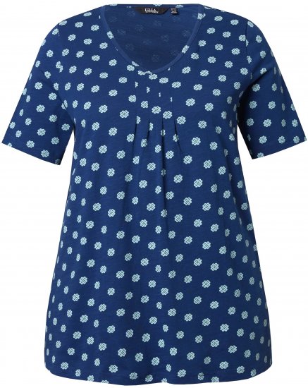 Ulla Popken Tile Print Short Sleeve Pleated Tee Dark Blue - Tryckta T-shirts för dam i stora storlekar - 