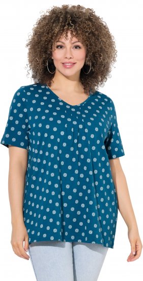 Ulla Popken Tile Print Short Sleeve Pleated Tee Teal - Tryckta T-shirts för dam i stora storlekar - 