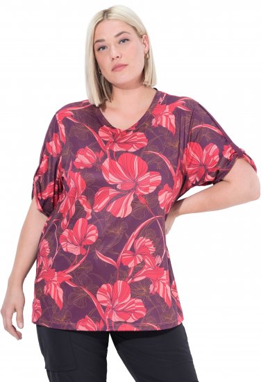Ulla Popken Quick Drying Flower Print Short Sleeve Tee Dark Cherry - Tryckta T-shirts för dam i stora storlekar - 