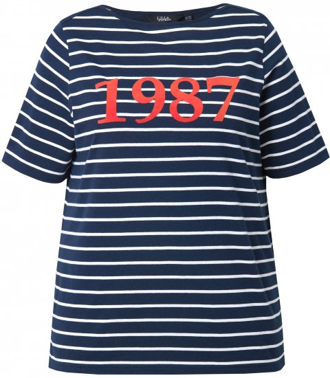 Ulla Popken Striped 1987 Boat Neck Tee Navy Blue - Tryckta T-shirts för dam i stora storlekar - 