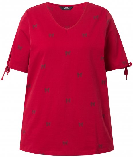 Ulla Popken Bow Print Split Sleeve Tee Ruby Red - Tryckta T-shirts för dam i stora storlekar - 