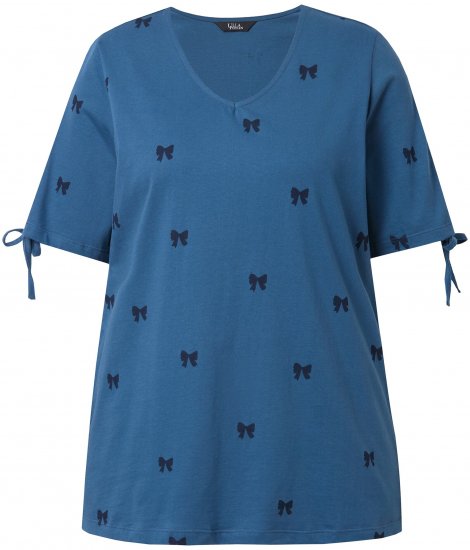 Ulla Popken Bow Print Split Sleeve Tee Indigo Denim - Tryckta T-shirts för dam i stora storlekar - 