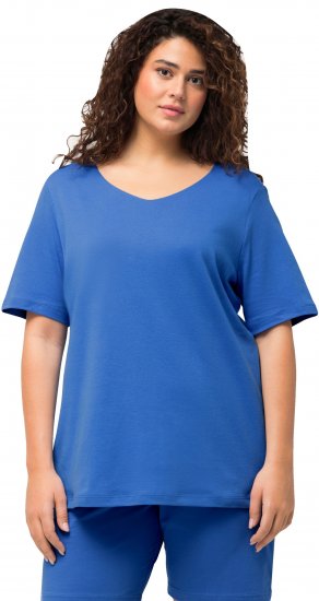 Ulla Popken Double Layer Rounded V-Neck Slim Fit Tee Blue - T-shirts - 