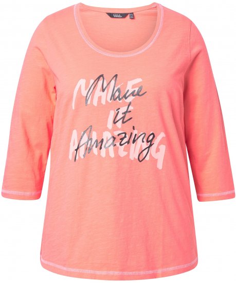 Ulla Popken Make It Amazing 3/4 Sleeve Graphic Tee Coral - Tryckta T-shirts för dam i stora storlekar - 