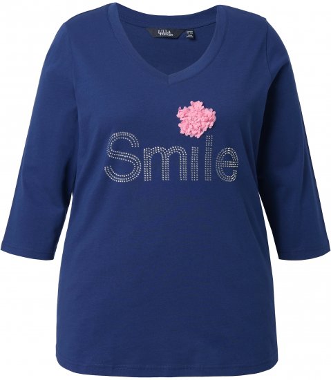 Ulla Popken Smile Rhinestone 3/4 Sleeve Graphic Tee Ink Blue - Tryckta T-shirts för dam i stora storlekar - 