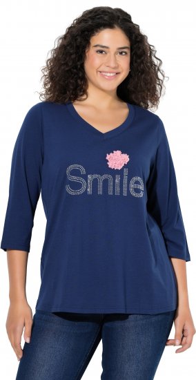 Ulla Popken Smile Rhinestone 3/4 Sleeve Graphic Tee Ink Blue - Tryckta T-shirts för dam i stora storlekar - 