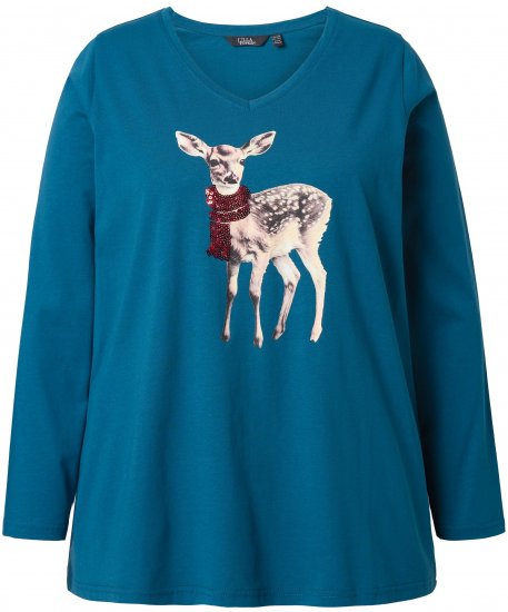 Ulla Popken Fawn Long Sleeve Graphic Tee Teal - Tryckta T-shirts för dam i stora storlekar - 