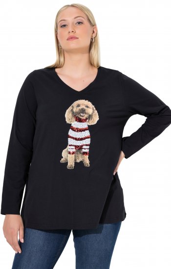Ulla Popken Sequined Puppy Long Sleeve Graphic Tee Black - Tryckta T-shirts för dam i stora storlekar - 