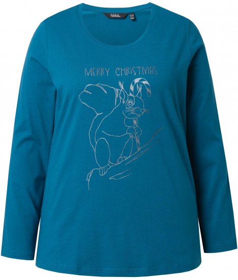 Ulla Popken Holiday Long Sleeve Graphic Tee Teal - Tryckta T-shirts för dam i stora storlekar - 