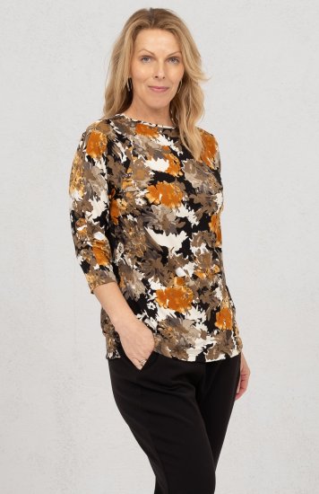 Scandinavian Caramel Flowers Blouse Orange and Brown - Tryckta T-shirts för dam i stora storlekar - 