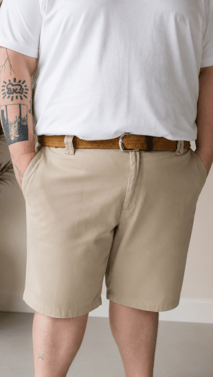 Kam Jeans 3402 Belted Dobby Weave Stretch Chino Shorts Beige - Shorts - Stora shorts W40-W60