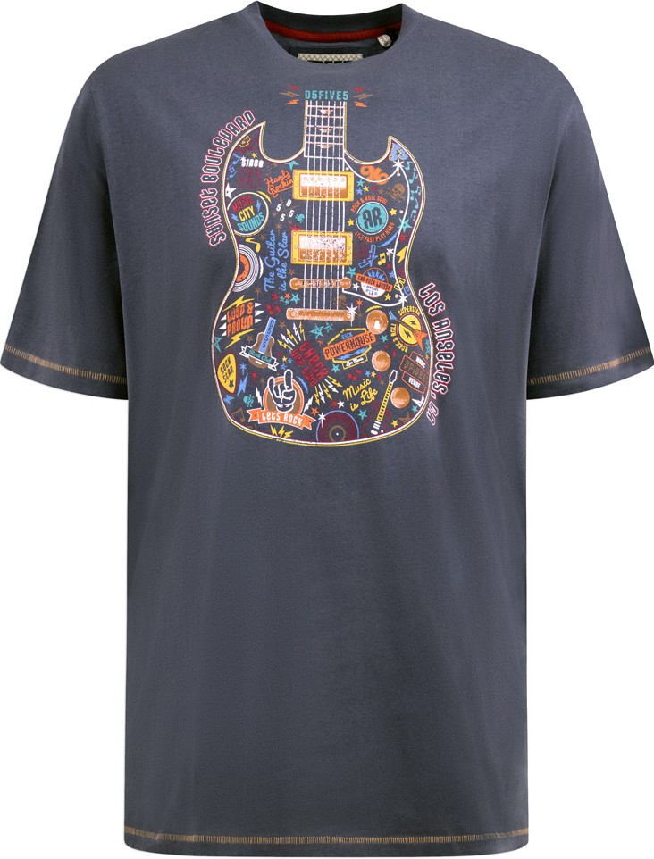 6XL - T-shirt i stora storlekar - D555 Stockport Multi Coloured Guitar Printed T-Shirt Denim