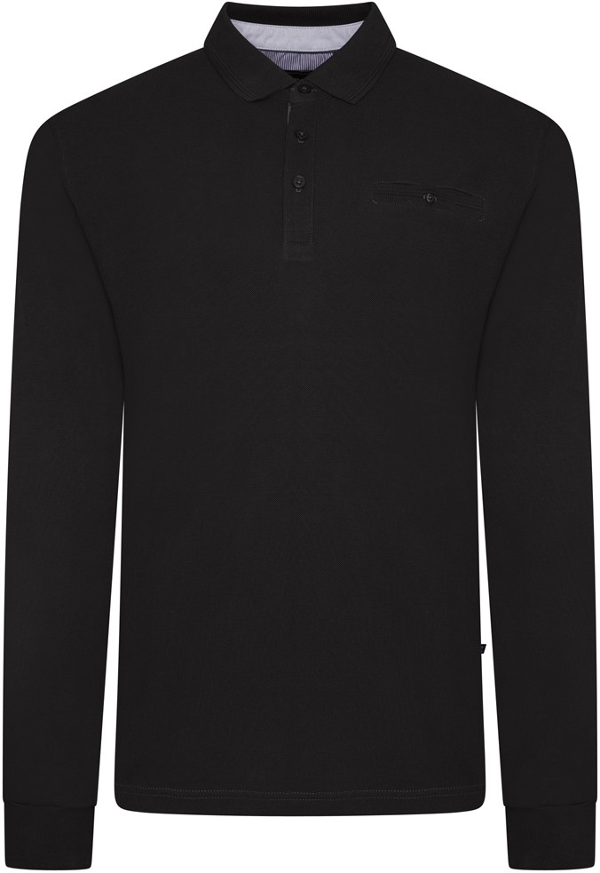 3XL - Långärmad Piké i stora storlekar - Kam Jeans 5508 LS Pique Polo with Jacquard Collar/Cuffs Black