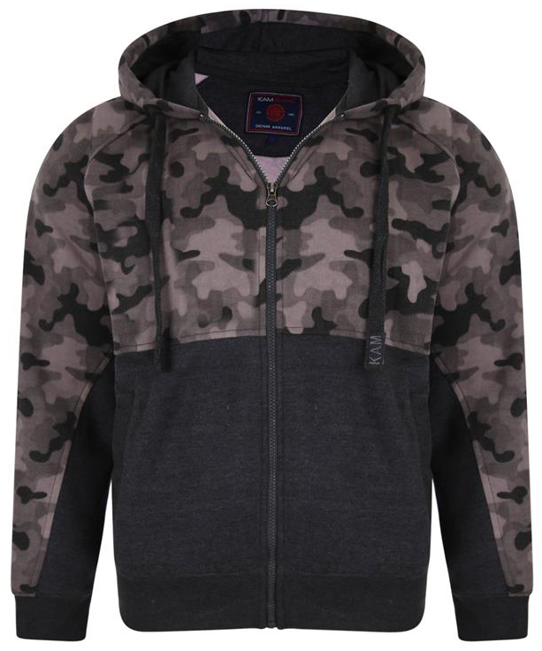 7XL - Hoodie i stora storlekar - Kam Jeans 7036 Camo Print Full Zipper Hoodie Charcoal