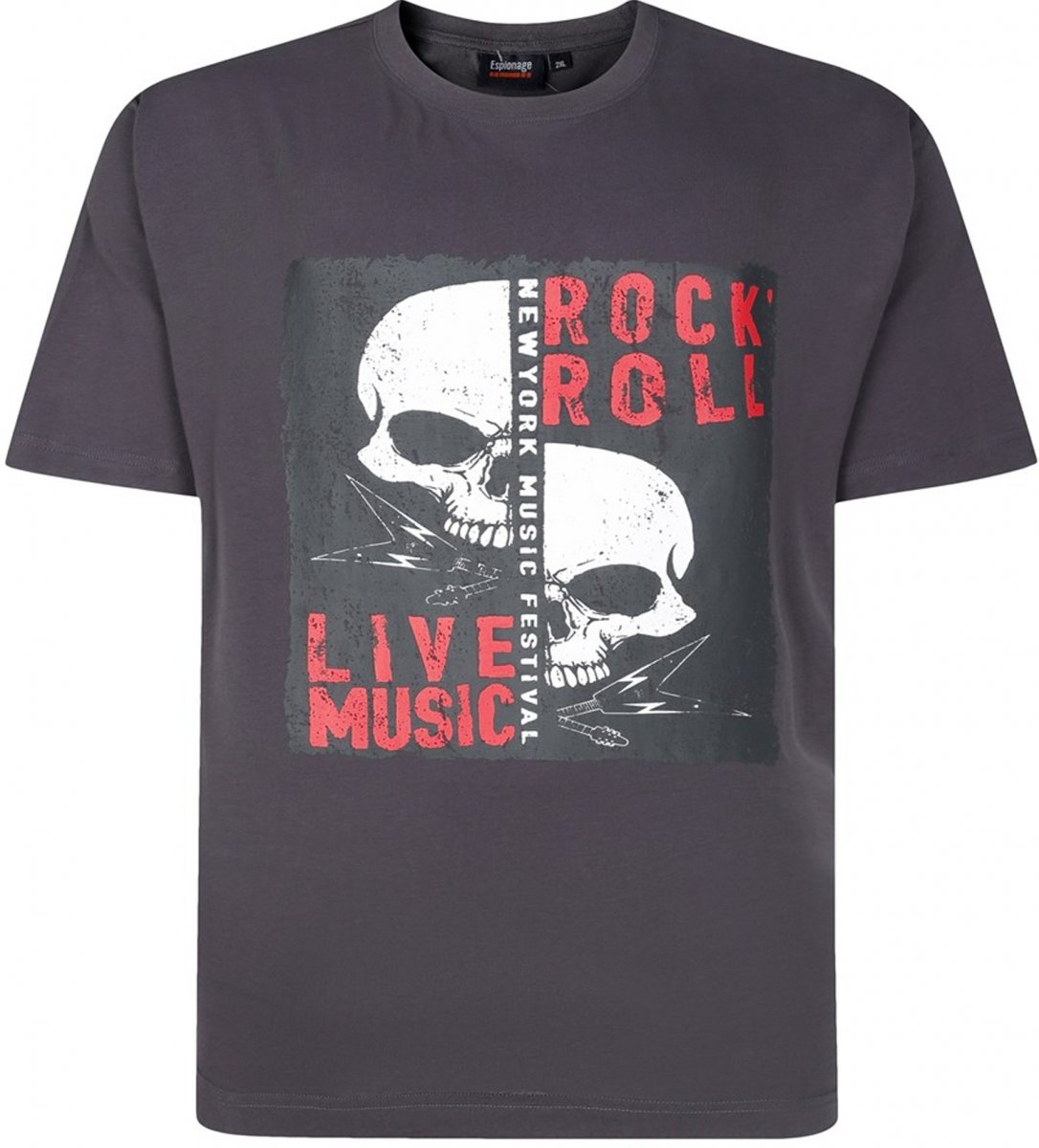 6XL - T-shirt i stora storlekar - Espionage T437 Rock N' Roll Printed T-Shirt Charcoal